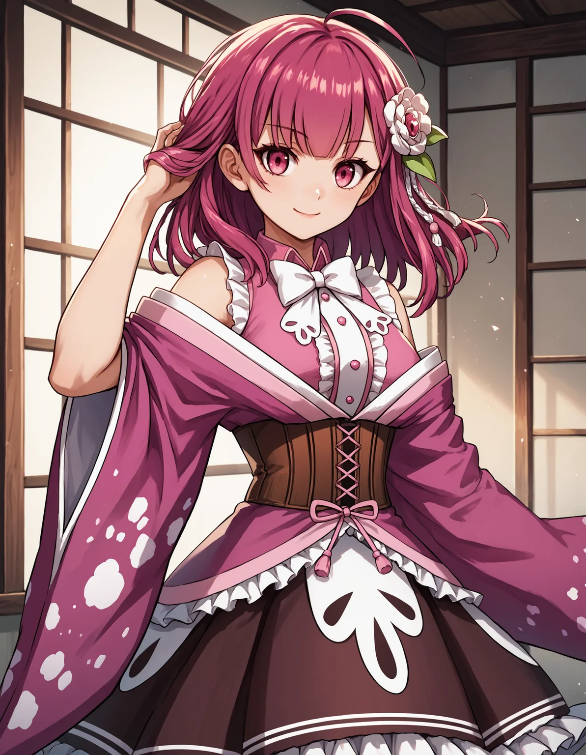 score_9, score_8_up, source_anime, 1girl, upper body, medium shot, detailed, mgrctokiwananaka, pink hair, medium hair, ahoge, pink eyes, looking at viewer, white hair flower, pink frilled top, white bowtie, bare shoulders, pink kimono, brown corset, brown frilled skirt, wind, light smile, hand in hair, <lora:mgrctokiwananaka_XL:0.9>