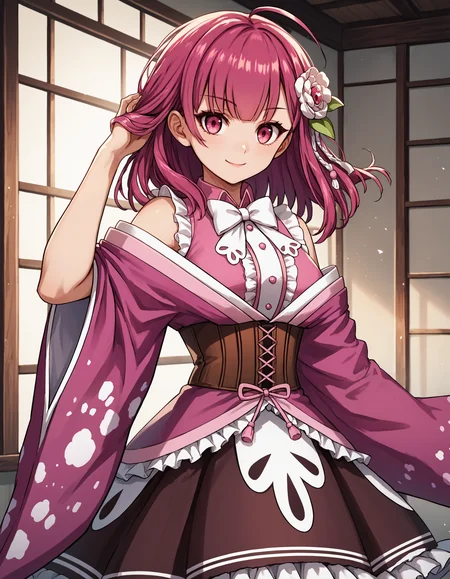 score_9, score_8_up, source_anime, 1girl, upper body, medium shot, detailed, mgrctokiwananaka, pink hair, medium hair, ahoge, pink eyes, looking at viewer, white hair flower, pink frilled top, white bowtie, bare shoulders, pink kimono, brown corset, brown frilled skirt, wind,  light smile, hand in hair, <lora:mgrctokiwananaka_XL:0.9>