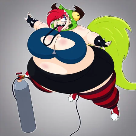 demencia, red hair, green ponytail, striped thighhighs, single striped sock, anklet, green monster hood, yellow eyes, sharp teeth, dark blue hoodie, single striped sleeve, red sneaker, blue sneaker, black skirt, smile, eyeshadow, spiked bracelet, zipper pull tab, torn pantyhose, glove, tongue out, clothed, inflating, floating, body inflation, breast expansion, inflated arms, inflated legs, leaning forward, helium tank, hose in mouth, by truegrave9 <lora:InflationXL-02-PonyXL-e050:1>