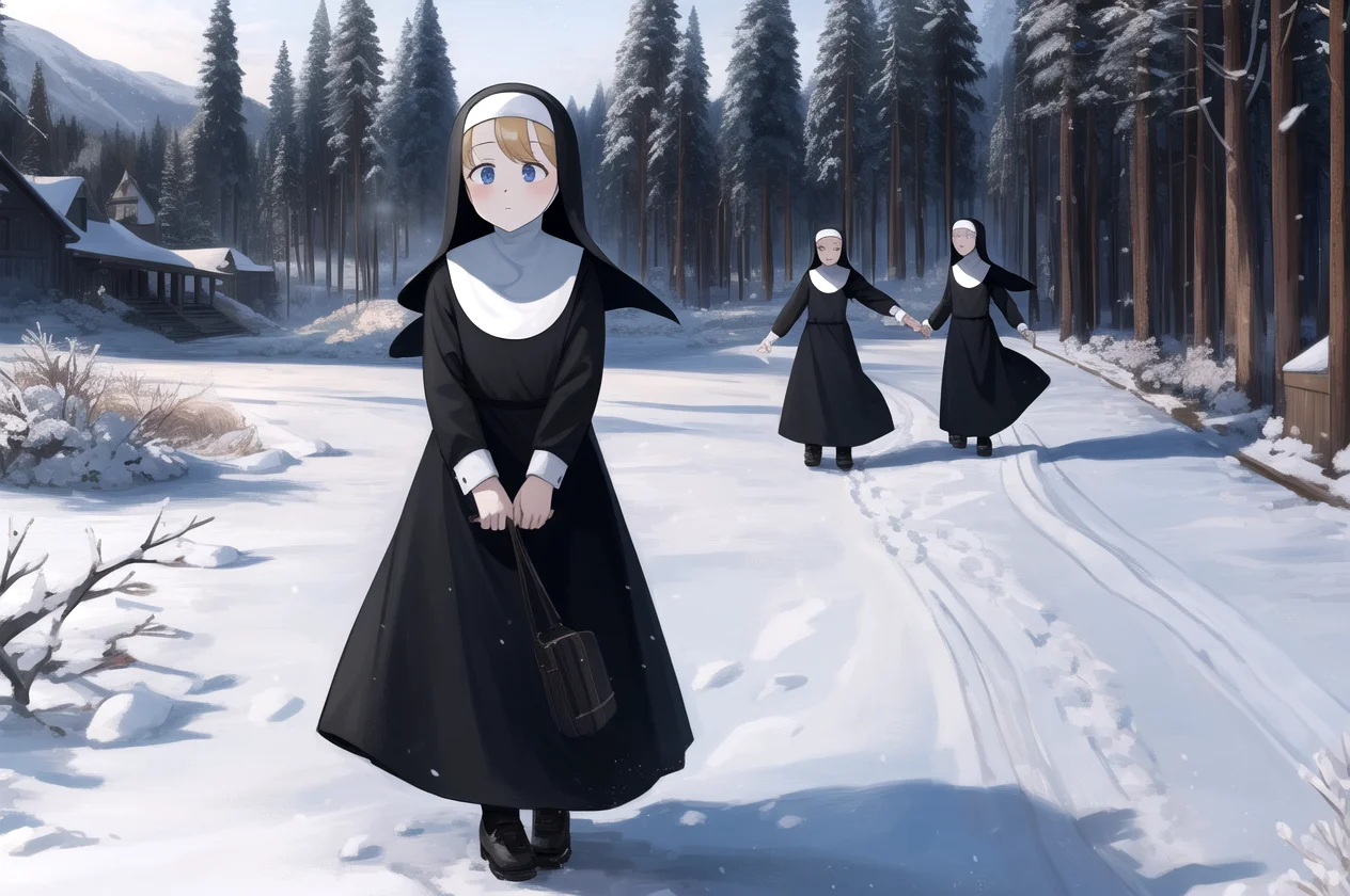 littlenuns, multiple girls, clumsy nun \(diva\), snowing, nun, detailed, woods, monastery, wind, <lora:littlenuns-000020:0.5>, masterpiece, best quality