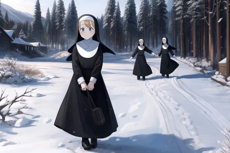 littlenuns, multiple girls, clumsy nun \(diva\), snowing, nun, detailed, woods, monastery, wind, <lora:littlenuns-000020:0.5>, masterpiece, best quality