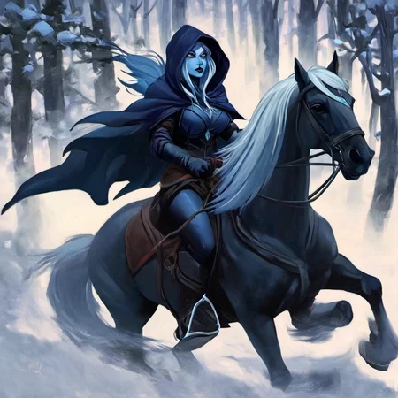 1girl, <lora:Drow:1> Drow, hood, riding a horse