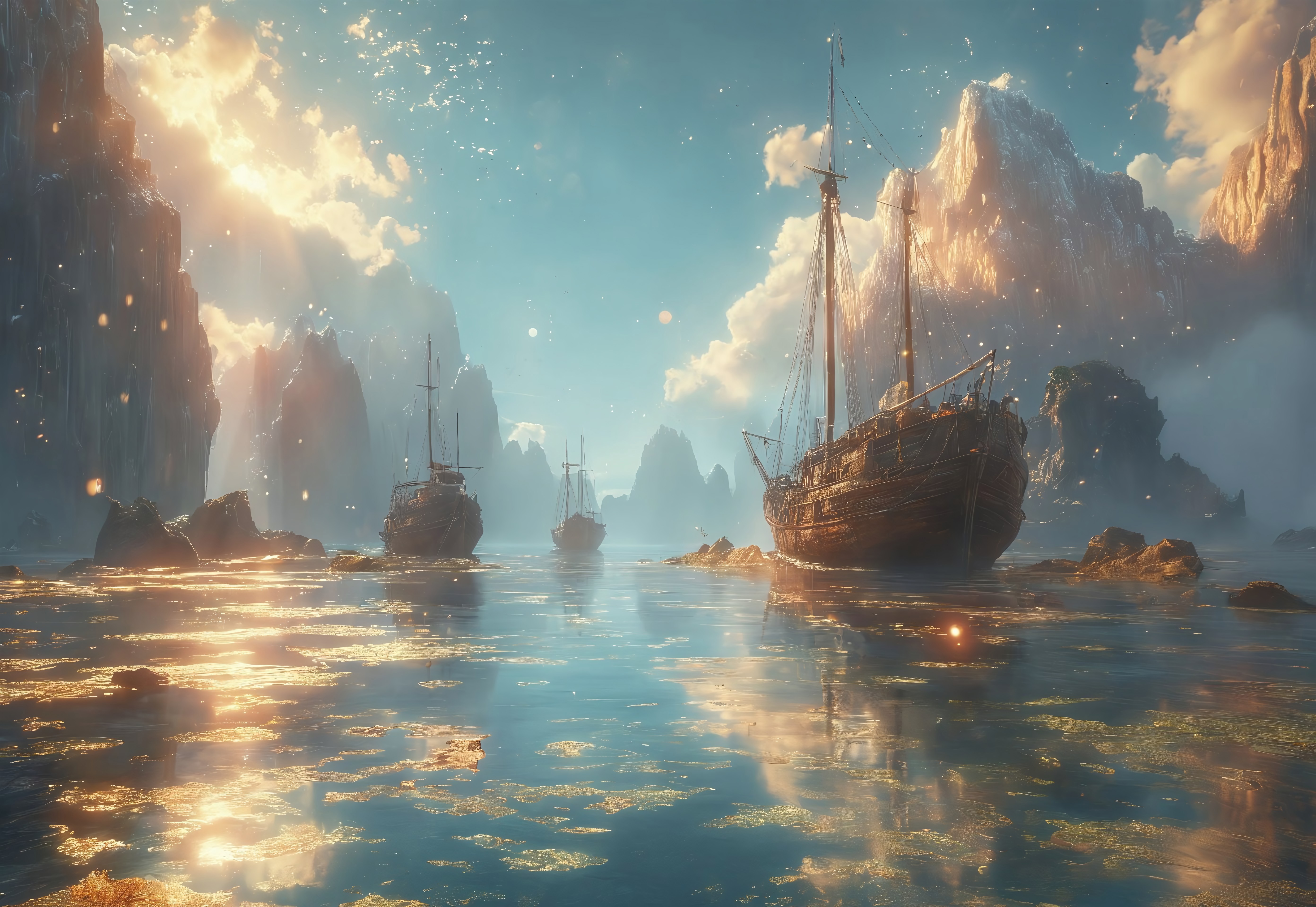 city underwater, blue atmosphere, rays of light shining through, highly detailed oil painting, unreal 5 render, rhads, Bruce Pennington, Studio Ghibli, tim hildebrandt, digital art, octane render, beautiful composition, trending on artstation, award-winning photograph, masterpiece <lora:MJ52:0.5> <lora:add-detail-xl:1>a long bay, at night, iconic limestone karsts emerging from the tranquil waters, sail boats, moonlight, quaint, serene, mythical, mystical, picturesque, exceptionally beautiful, ultra detailed, 8k, uhd