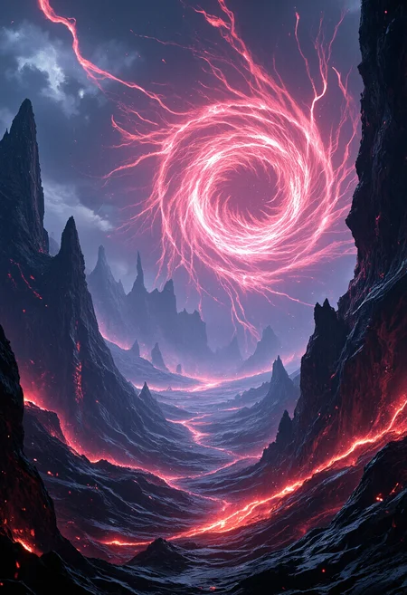 Videogame concept art landscape concept image portraying a photonic crater environment with a destructive plasma vortex, glowing circuits, chaotic atmosphere. With harsh broad and short lighting, chiaroscuro, dynamic angle <lora:flux_skinny_slider>