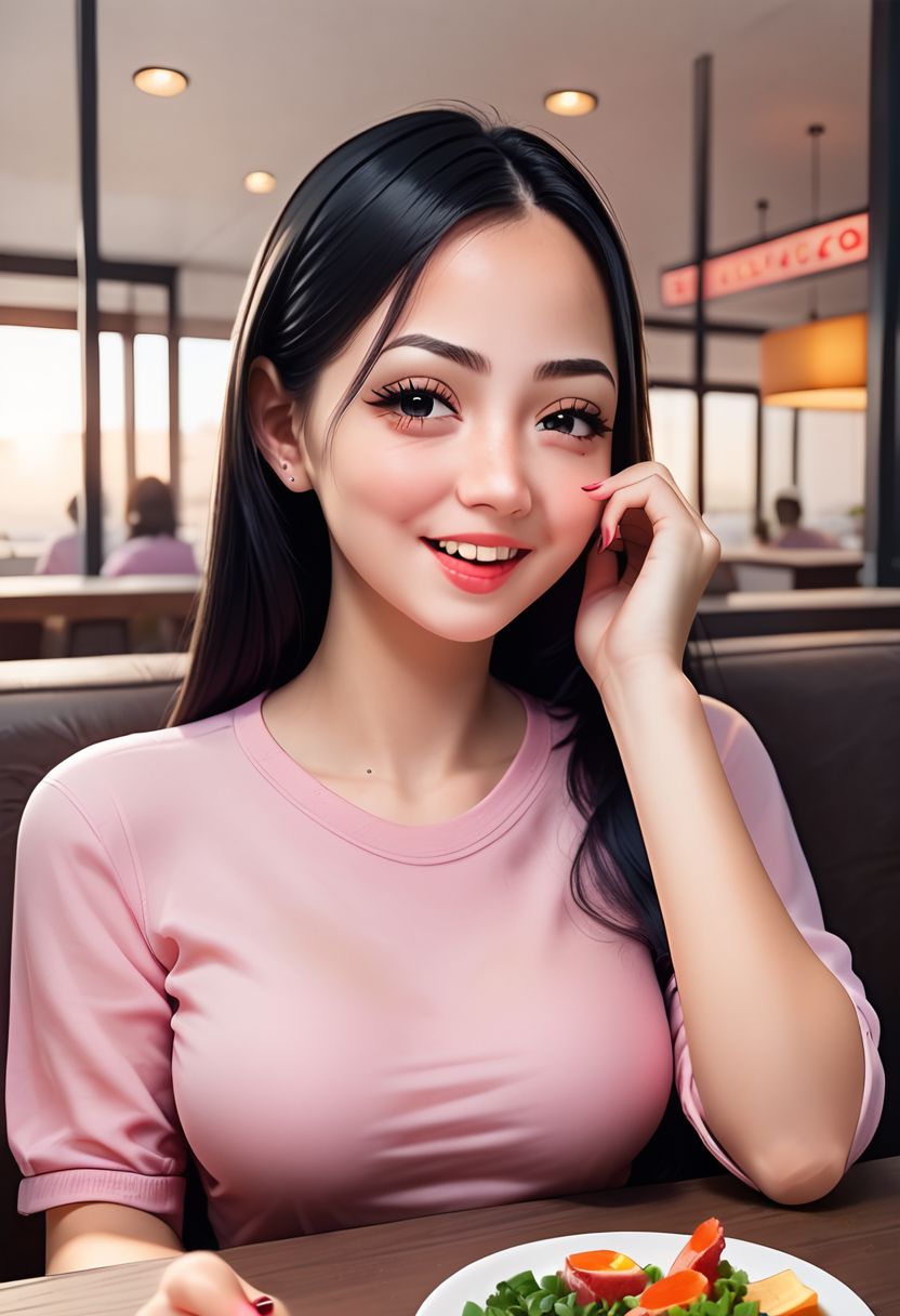 Score_9, score_8_up, score_7_up, ultra realistic model, 3/4, close up, solo, anime cute 1girl, 18 years old, thin slim body, pale skin:1.6, black hair, long hair, sexy hot, (pink tshirt:1.6)), jeans short, at indoor, at cafe, table, smug expression,