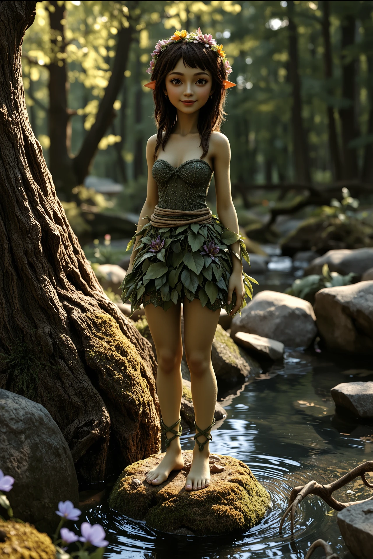 dryad, green skin, plant woman, leaves and flowers dress skirt, octane render, unreal engine, pretty beautiful, adorable, young, happy smiling, extremely detailed and intricate, 8k, sharp focus, forest, tree, big rock, moss, small pond with crystalline clear water, ripples, reflections, raytracing, Mauve flowers, crispy colors, high contrast, hdr, ethereal lights, shadows, golden hour, bright, <lora:Hand v2:0.5> <lora:Anti-Blur:1><lora:Insane Detail Slider:0.25>  <lora:flux.1_lora_flyway_Epic-detail_v2:0.3> <lora:fluxenhancer:0.25>