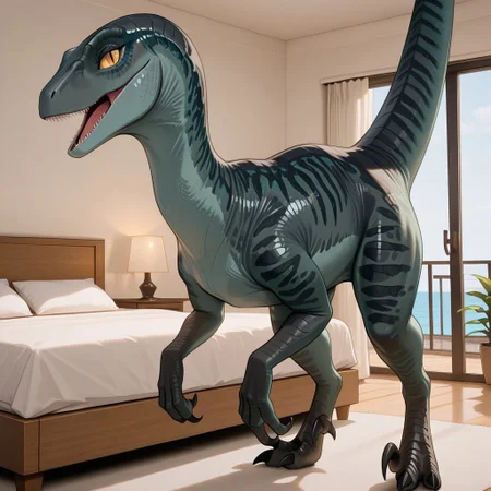 1girl, highres, absurdres, newest, masterpiece, best quality, furry, furry_female, dinosaur, raptor, scales, tail, claws, talons, Delta_jw, teal scales, black stripes, yellow sclera, slit pupils, 1girl, claws up, (feral, quadruped:1.3), detailed eyes, standing, open_mouth, open mouth smile, luxurious detailed room, bright room, day scene, professional lighting, white bed, solo, bedroom, smiling, seductive, looking_at_viewer, masterpiece, close up, safe