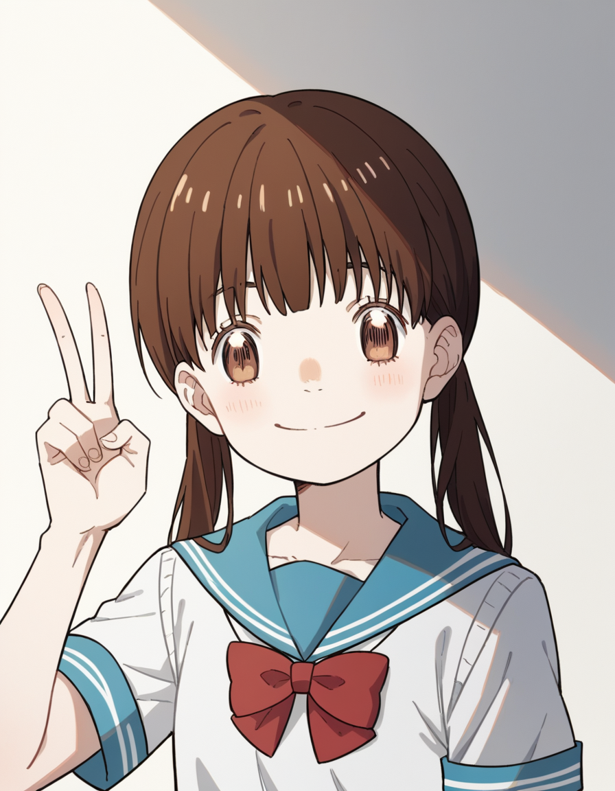 score_9, score_8_up, score_7_up, source_anime, <lora:hinata-kawamoto-s2-ponyxl-lora-nochekaiser:1>, hinata kawamoto, long hair, bangs, brown hair, twintails, brown eyes, low twintails,, shirt, bow, school uniform, white shirt, short sleeves, serafuku, bowtie, sailor collar, red bow, blue sailor collar, red bowtie,, museum, art exhibit, paintings, observing, quiet contemplation, cultural experience, smile, , v, v over eyes,, solo,, dutch angle,