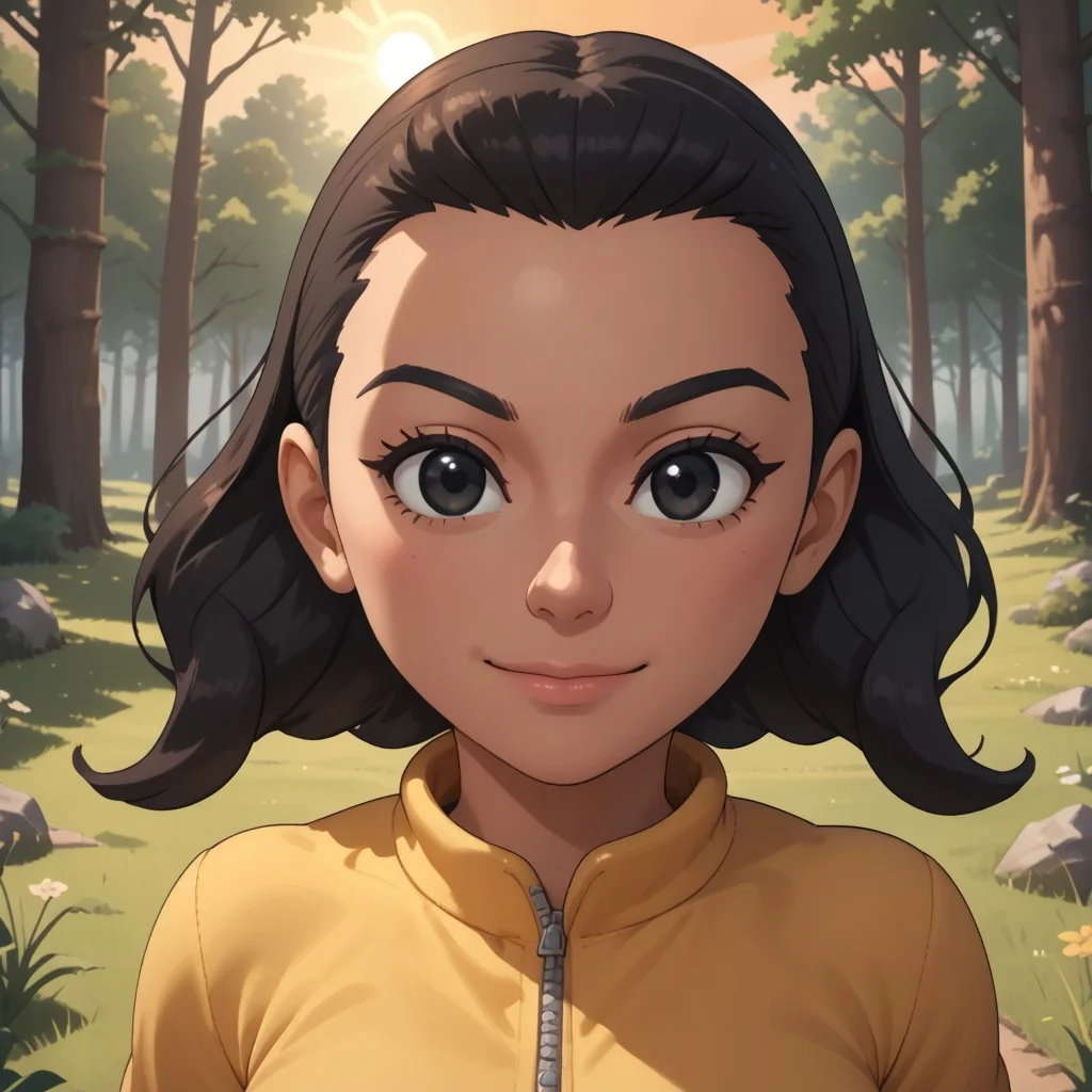 score_9, score_8, BREAK, wii, mii, wii sports, 1girl, female mii, cute, black hair, black eyes, black eyebrows, yellow clothing, white pants, shoes, breasts, nintendo mii, modern_mii, classic_mii, Nugget_(Wii_Sports), cute, dark skin, dark skin female, sexy pose, self portrait, smile, outdoors, sunlight, shadows, evening lighting, natural lighting, forest, trees, grass, orange sky, sunset