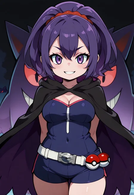 cute girl,
,,,
purple hair, mischievous grin, dark cloak, casual outfit, pokeball on belt, gengar companion, dark atmosphere, eerie glow, floating in shadows
,,,
1 pokemon in background,
pokemon trainer outfit, focused look, cleavage, holding pokeball, looking at viewer, pokemon gym background, training gym background, smile,