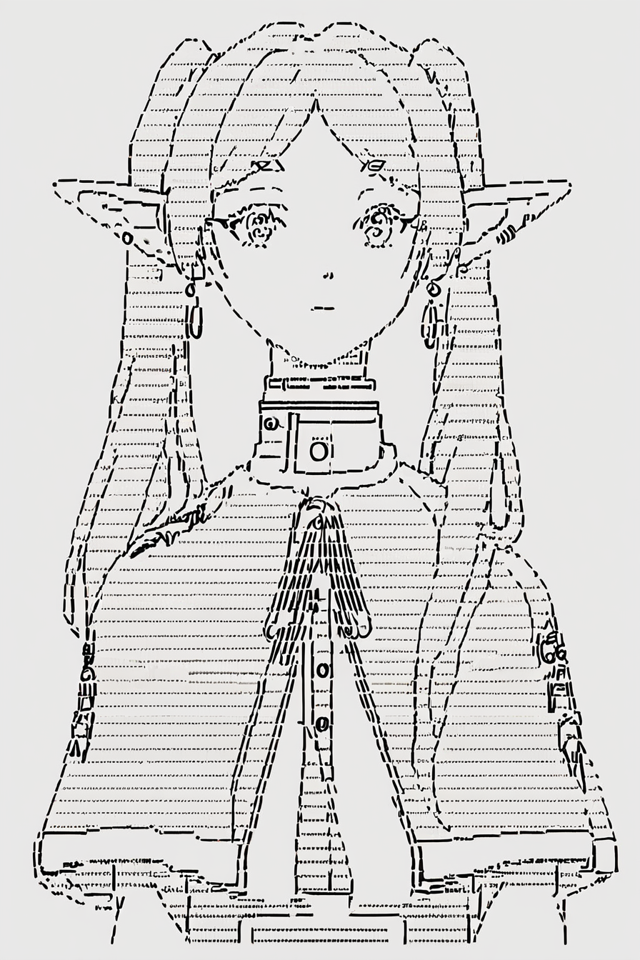 score_9, score_8_up, score_7_up, score_6_up, score_5_up, score_4_up,    <lora:frieren-ponyxl-lora-nochekaiser:0.8> ,frieren, long hair, twintails, pointy ears, elf, shirt, long sleeves, jewelry,  earrings, striped, capelet, striped shirt,  1girl, <lora:ascii_character:0.8>,  ascii_art_style, monochrome, greyscale, masterpiece, highres, white background, simple background