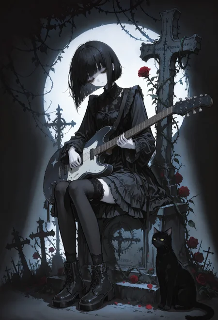 1girl, solo, solid black hair, bob cut, messy hair, closed eyes, goth fashion,frilled black dress,lace collard, mole under eye, head tilt, expressionless, pale skin, thighhighs, ankle boots, sitting on grave, instrument, guitar, playing guitar, gravestone, leaning against gravestone, candles, flowers, roses, ivy, vines, animal,sitting cat, yellow sclera, slit pupils, scull, dark theme, night, scenery, spotlight, volumetric lighting, shadows, fine art parody, 15546+456868, r17329_illu,