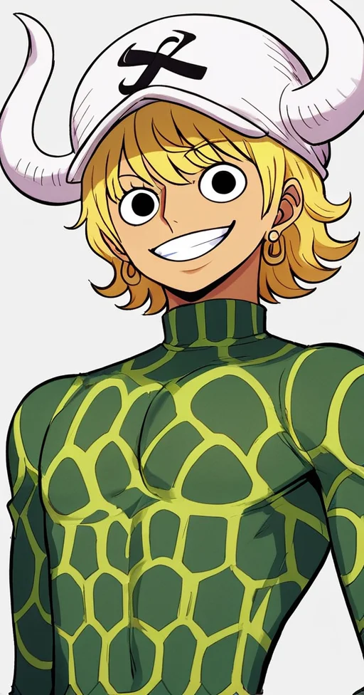score_9, dellinger (one piece), 1boy, solo, male focus, blonde hair, hat, green shirt, turtleneck, shirt, upper body, twink, femboy, smile, <lora:Dellinger_One_Piece:1>