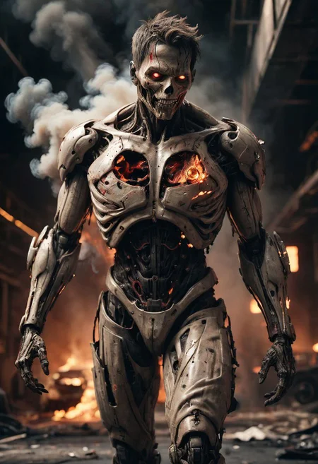 Super Closeup of an action scene, car crash, burning tattered Cyborg with tattered torn skin and linen clothes walking to viewer and pointing at him, grin, surrounded by smoke and fire, bold lines, hyper detailed, dark limited palette, dramatic lighting, fiery red and black hue, wide angle view, frontal closeup view,
atmospheric haze, Film grain, cinematic film still, shallow depth of field, highly detailed, high budget, cinemascope, moody, epic, OverallDetail, gorgeous, 2000s vintage RAW photo, photorealistic, candid camera, color graded cinematic, eye catchlights, atmospheric lighting, skin pores, imperfections, natural, shallow dof