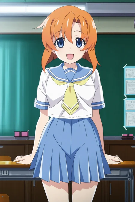 anime screencap, anime coloring, detailed face, masterpiece, best quality, very aesthetic, absurdres, volumetric lighting, official style, amazing quality, ultra detailed,  highres, amazing quality, scenery, beautiful detailed hair, beautiful detailed eyes, defined fingers,
<lora:StS-Illustrious-Detail-Slider-v1.0:4>
 <lora:Rena_Ryugu_Higurashi_When_They_Cry_-_Gou_and_Sotsu:.9>
Rena uniform outfit, Rena Ryugu (character), ryuuguu rena, 1girl, school uniform, solo, blue pleated skirt, blue eyes, classroom, desk, yellow neckerchief, chalkboard, classroom desk, orange hair, blue sailor collar, sailor collar, serafuku, looking at the viewer, happy girl, smile, open mouth, :D, cowboy shot, legs