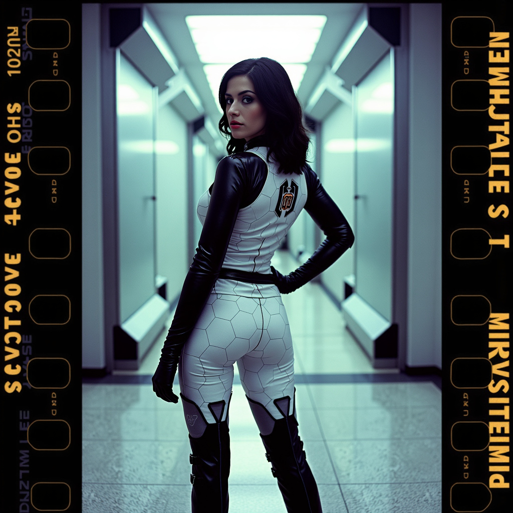 sci-fi style analog film photo analog photography, analog photo, Miranda Lawson, a woman wearing a black and white costume with white armor featuring a hexagonal grid pattern and the Cerberus logo. She looks over her shoulder at the viewer, her pose confident and commanding. Her military black boots are clearly visible. She is standing in a futuristic space station, with sleek, metallic surfaces and soft, ambient lighting creating a high-tech atmosphere. The composition highlights the detailed texture of her armor and the sleek design of her costume, emphasizing her role as a skilled operative. <lora:Miranda Lawson- Costume:0.7> miranda, costume, cerberus, logo, RAW candid cinema, 16mm, color graded portra 400 film, remarkable color, ultra realistic, textured skin, remarkable detailed pupils, realistic dull skin noise, visible skin detail, skin fuzz, dry skin, shot with cinematic camera . faded film, desaturated, 35mm photo, grainy, vignette, vintage, Kodachrome, Lomography, stained, highly detailed, found footage . futuristic, technological, alien worlds, space themes, advanced civilizations
