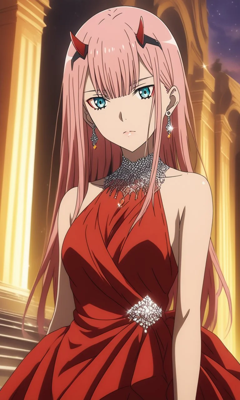 1girl, zero two from darling in the franxx,BREAK source_anime, best quality , red dress, jewelry, earrings, evening dress, <lora:Red_dress:1>