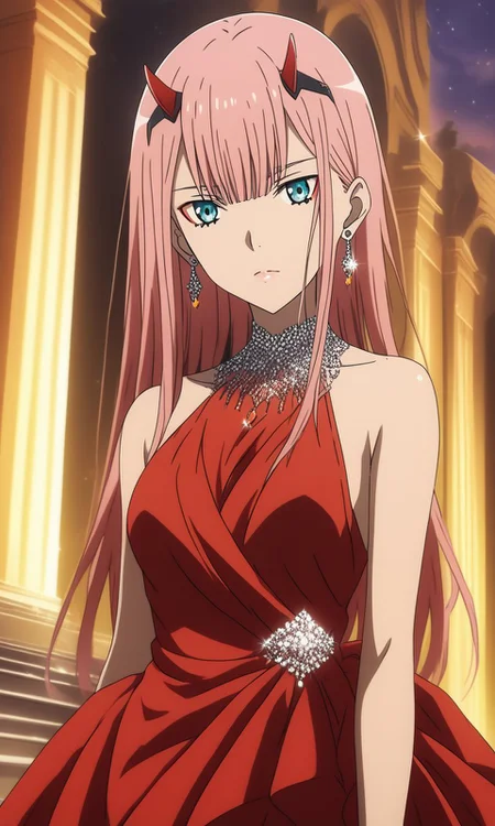 1girl, zero two from darling in the franxx,BREAK source_anime, best quality , red dress, jewelry, earrings, evening dress, <lora:Red_dress:1>