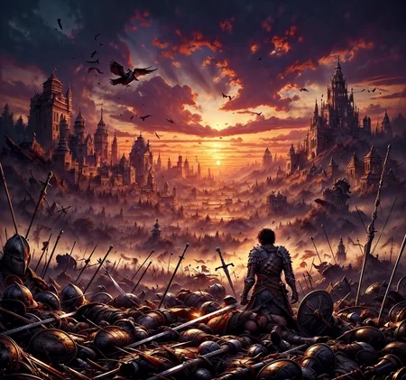 RAW photo, (masterpiece:1.3), subsurface scattering, heavy shadow, (high quality:1.4), (intricate, high detail:1.2), professional photography, HDR, High Dynamic Range, realistic, ultra realistic, photorealistic, high resolution, film photography, ambient lighting, atmospheric effects, <lora:detail_slider_v4:2>, OverallDetail, <lora:Battlefield:1>, 1boy, ambiguous gender, armor, battlefield, bird, black hair, castle, cloud, corpse, death, from behind, impaled, knight, outdoors, pauldrons, soldier, sunset, sword, tree, war, weapon