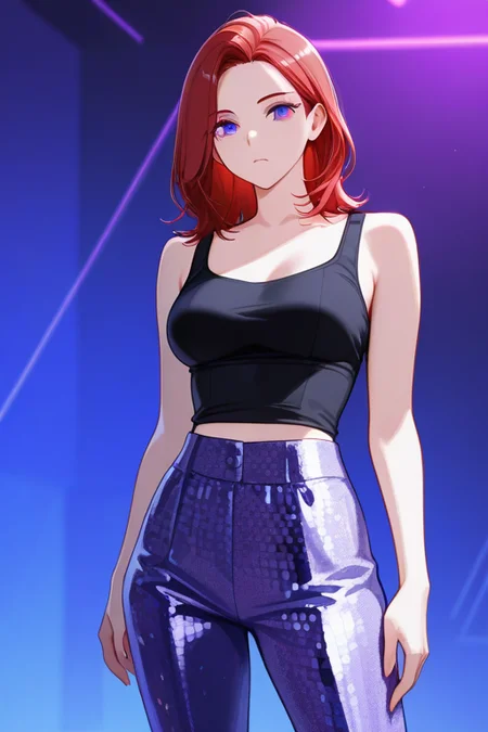 <lora:dssequin-07:0.5> sequin pants, tank top, 1girl, red hair, medium hair, purple eyes, medium breasts