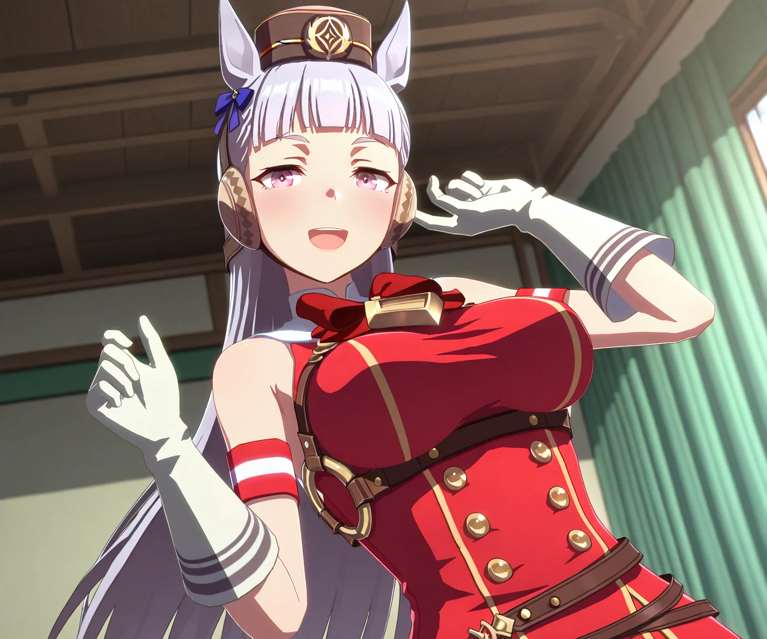 masterpiece, best quality, amazing quality, , 1girl, solo, looking at viewer, smile, open mouth, <lora:Gold Ship in game style 3D ILL-v2:1> ummsmingame, 3d, gold ship \(umamusume\),
