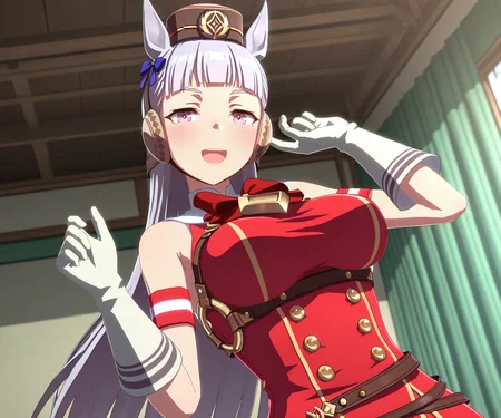 masterpiece, best quality, amazing quality, , 1girl, solo, looking at viewer, smile, open mouth,  <lora:Gold Ship in game style 3D ILL-v2:1> ummsmingame, 3d, gold ship \(umamusume\),
