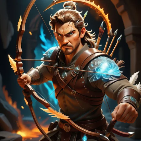 A fantastical and dynamic illustration depicts an intense moment where a male archer takes aim with an ornate bow. The warrior archer with glowing crytal scale on his chest, positioned on the right side of the frame, has metal buttons and tattoos high up on his arms. Her long hair is styled in two elegant buns at the back of her head. The archer's face is dramatically illuminated by the lighting coming from the left, emphasizing his focused expression as he holds the bow firmly in both hands. The wooden arch itself features detailed carvings along its body, extending diagonally across the image. An arrow with a feather on the back and a sharp stone on the end is ready to be shot. The background is immersed in fiery chaos, with swirling clouds of smoke and fire, floating embers and flying sparks. The scene is set against a dramatic backdrop of bright orange, yellow and brown hues, creating a sense of intense action and urgency. The overall style is highly detailed and realistic, capturing every aspect of the character's appeal and surrounding environment, with a color palette dominated by contrasting warm oranges, yellows, browns and deep blues .