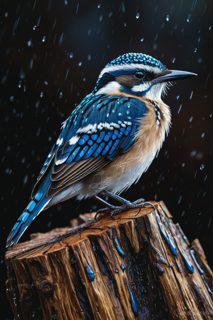 detailed close-up of an elegant bird perched on a textured stump, predominantly black background, striking blue and white feathers with dark brown on wings and back, piercing eyes gazing directly at the viewer, wet appearance suggesting recent rain, highly detailed and crisp focus, instant painting realism, best quality