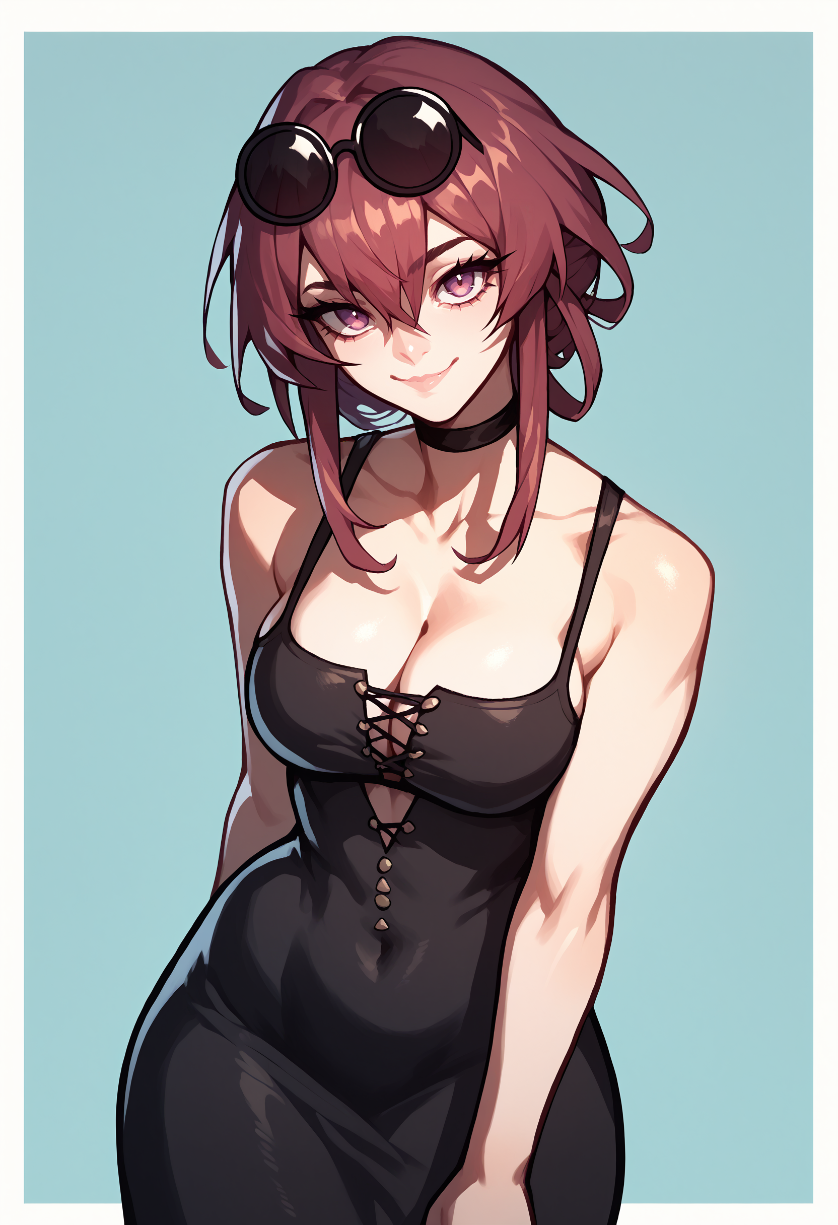 score_9, score_8_up, score_7_up, kafka, sidelocks, hair between eyes, eyewear on head, pince-nez, sunglasses, <lora:kafka-guy-PONY-LyCORIS-v1:.8>, black dress, 1girl, solo, cleavage, taut clothes, looking at viewer, light smile,