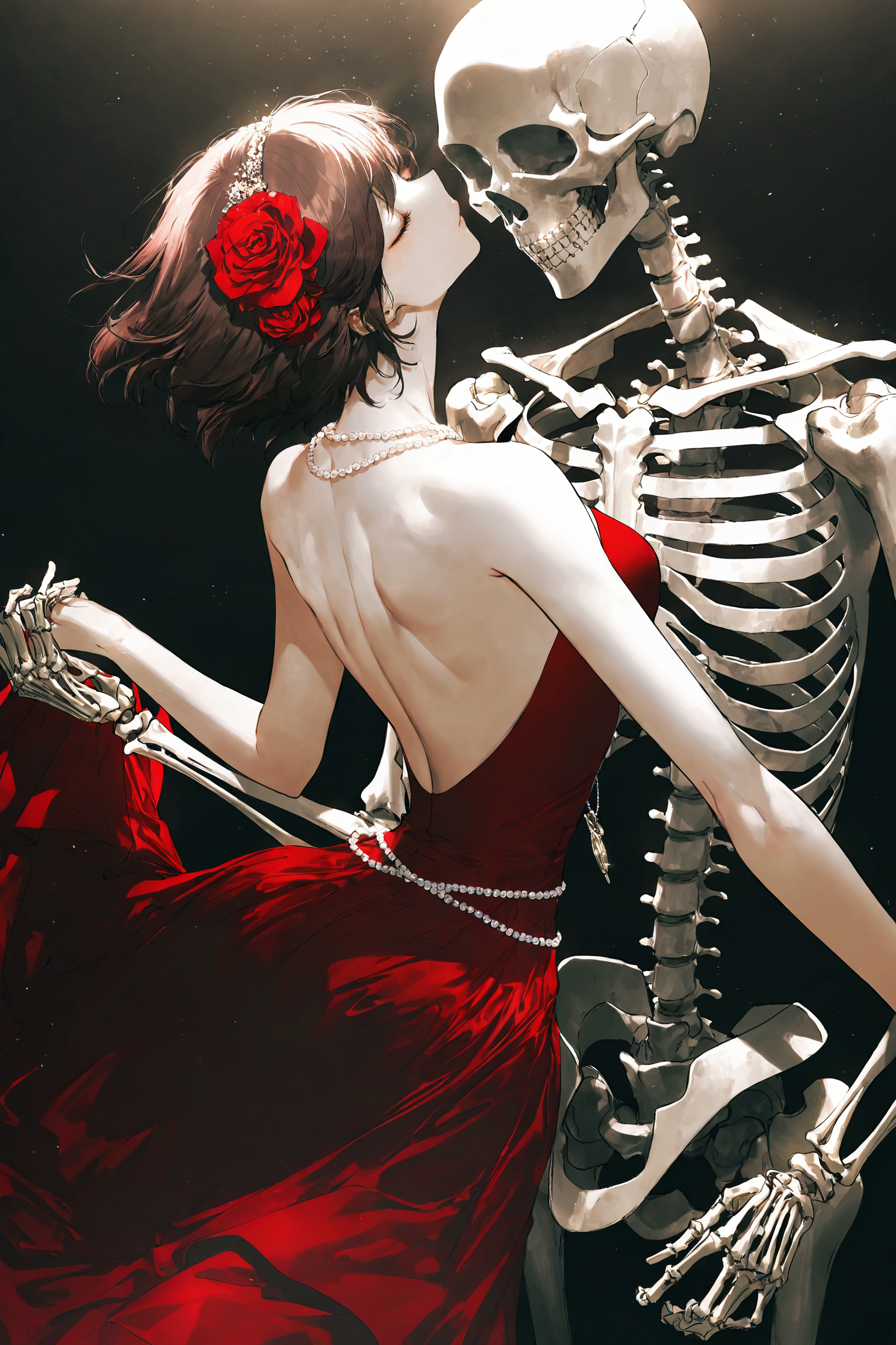 (wanke),(pigeon666),((rei_(sanbonzakura)),konya_karasue,backless dress,backless outfit,bare arms,bare back,bare shoulders,brown hair,closed eyes,dancing,diffraction spikes,dress,flower,hair flower,hair ornament,jewelry,light particles,light rays,median furrow,multiple necklaces,necklace,pearl hair ornament,pearl necklace,red dress,red flower,short hair,shoulder blades,Dancing with Skeleton,skeleton,solo,spotlight,strapless,strapless dress,upper body,very aesthetic,highres,high definition,sensitive,masterpiece,best quality,amazing quality,very aesthetic,absurdres,,