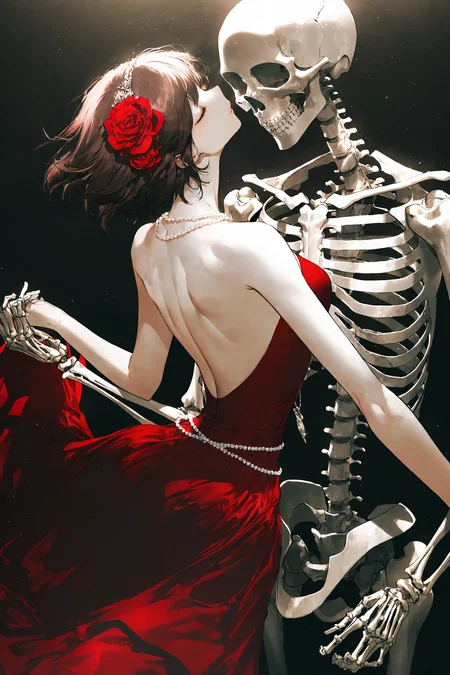 (wanke),(pigeon666),((rei_(sanbonzakura)),konya_karasue,backless dress,backless outfit,bare arms,bare back,bare shoulders,brown hair,closed eyes,dancing,diffraction spikes,dress,flower,hair flower,hair ornament,jewelry,light particles,light rays,median furrow,multiple necklaces,necklace,pearl hair ornament,pearl necklace,red dress,red flower,short hair,shoulder blades,Dancing with Skeleton,skeleton,solo,spotlight,strapless,strapless dress,upper body,very aesthetic,highres,high definition,sensitive,masterpiece,best quality,amazing quality,very aesthetic,absurdres,,