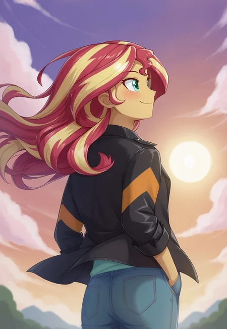 safe_pos, safe_pos, score_9, score_8_up, score_7_up correct anatomy BREAK equestria girls, human, g4 BREAK 1 girl, solo, BREAK sunset shimmer BREAK leather jacket, sunset, sun, outdoors, wind, windy hair, looking away, jeans, smile, clouds, close view, hands in pocket, view from behind