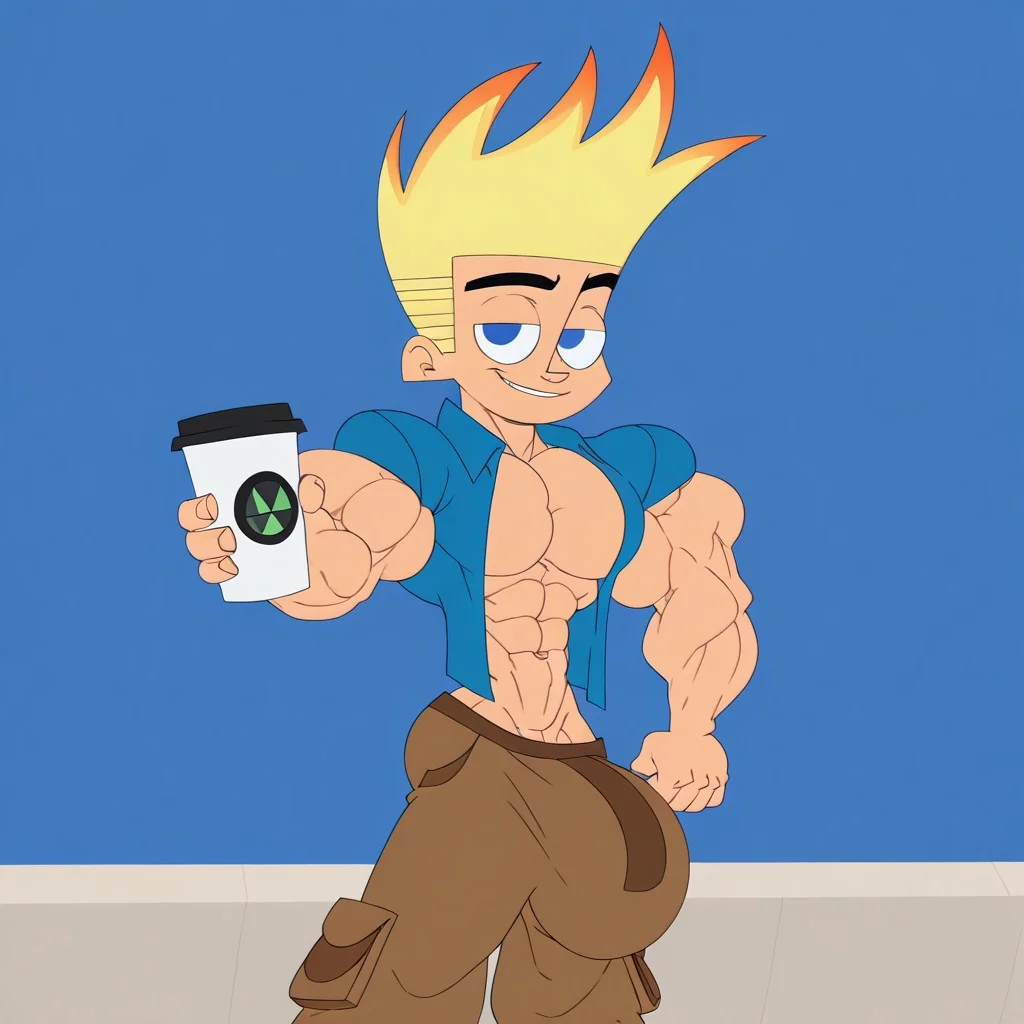 male, JohnnyTest, solo, 1boy, blonde hair, spiked hair, blue eyes, black eyebrows, handsome face focus, Blue short sleeve shirt, open clothes, brown pants, bare skin, exposed skin, confident smirk, muscular, muscular male, groin bulge, holding coffee cup