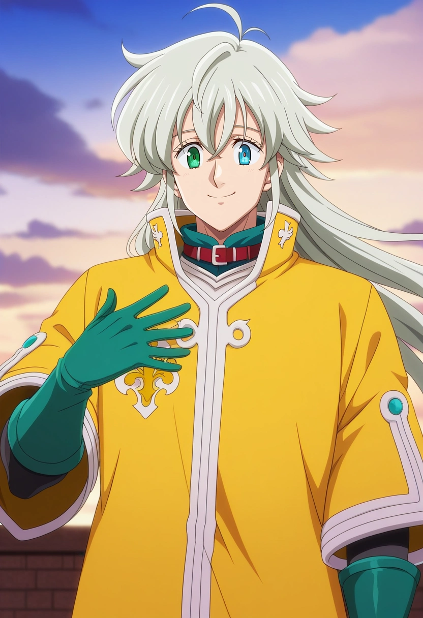 masterpiece, best quality, , anime screencap, , ,, 1boy, solo, male focus, <lora:tristan_liones_ilxl:0.92>, tristan_liones, grey hair, green eyes, long hair, ahoge, yellow jacket, armor, green gloves, heterochromia, blue eyes, , cloud market, mist stalls, wind wares, sky paths, shopping pose, cheerful expression, morning, dwarf costume