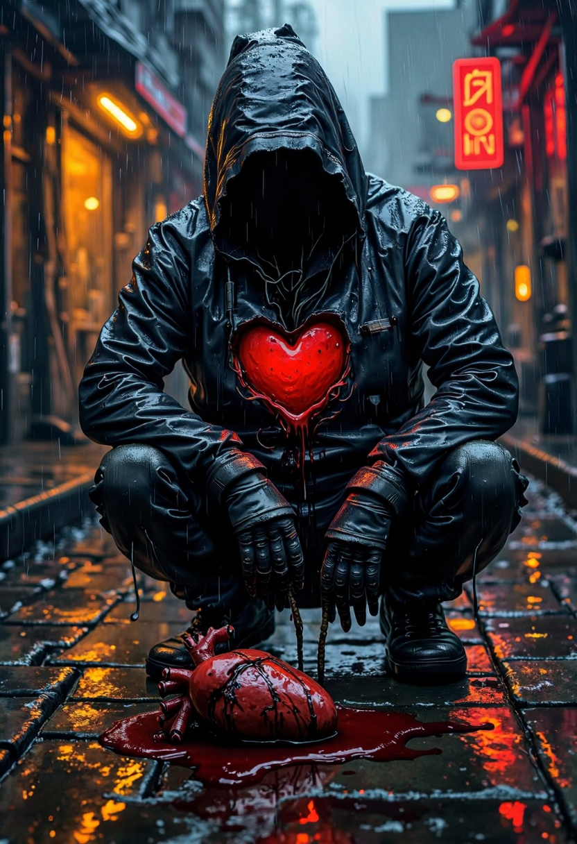 Dark and moody yfg-daak, A deeply emotional oil painting depicting a shadowy silhouette kneeling in the storm, a heart-shaped hole cut through its chest, allowing to see through. In the foreground, a lifelike, bleeding heart rests on the rain-soaked cobblestone street. A nail is stuck in the heart. The thick, expressive brushstrokes emphasize the swirling rain, the splattered blood, and the blurred neon city reflections on the wet ground. The focus remains on the crushed heart, with the kneeling figureâs empty chest serving as a haunting backdrop of loss. Inspired by Edvard Munch and Leonid Afremov, this piece evokes deep sorrow and raw emotion. Traditional oil painting, dramatic lighting, impressionistic textures, (expressionism:1.4), (moody lighting:1.3), (rain-drenched setting:1.3), (masterpiece:1.5).