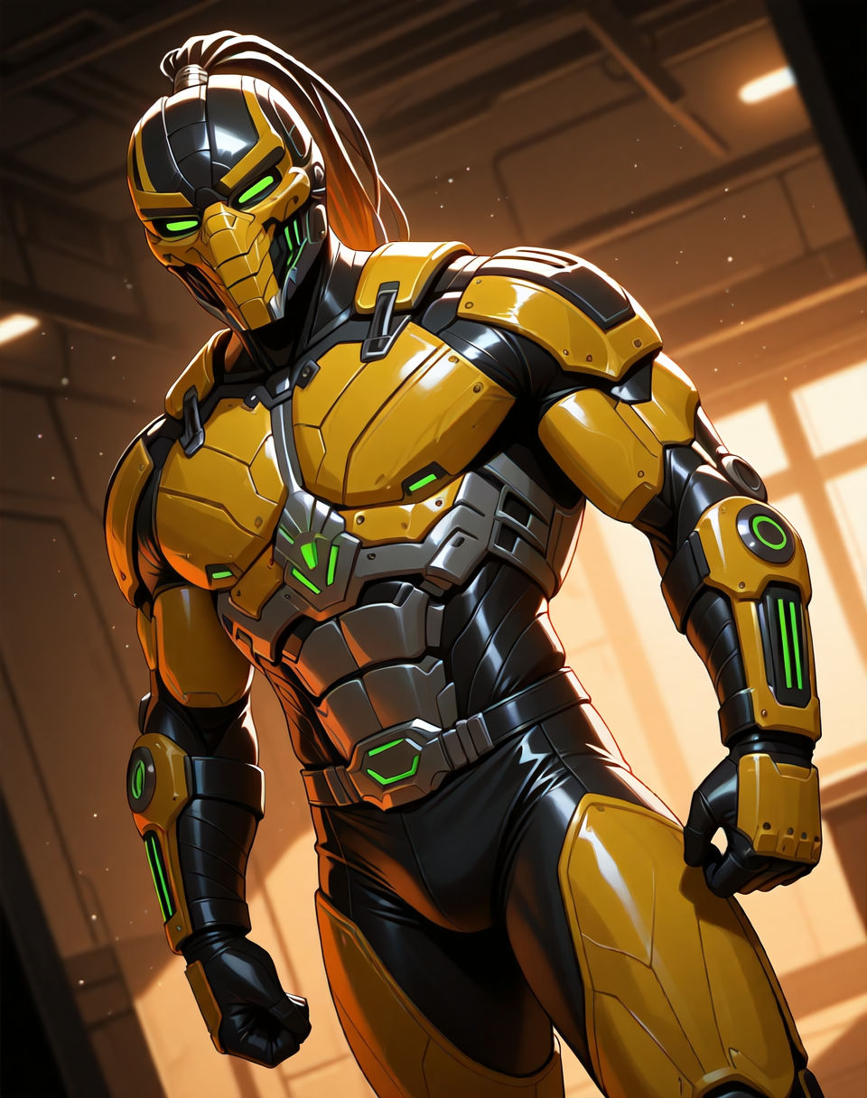 <lora:Cyrax_(Mortal_Kombat)_(Illustrious)_(AD):1> Cyrax, robot, Mortal Kombat, 
dutch angle, interior, underground robotic laboratory, 
male chest focus, gradient coloring, villain, end boss, overpowering, 
BREAK very awe, aesthetically pleasing, masterpiece, best quality, amazing quality, very aesthetic, perfect depth of field shot, in'ei,
Smooth Quality, lazympos, IllustQualXL_Pos,