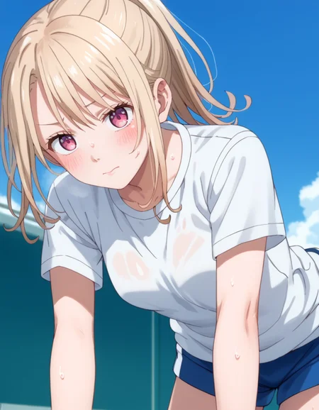 score_9, score_8_up, score_7_up, source_anime, BREAK
1girl, solo, looking at viewer, trackfield, blue sky, wiping sweat,
mona kawai (medakawa), long hair, blonde hair, parted bangs, pink eyes, ponytail,
gym outfit, white shirt, collarbone, short sleeves,
bending over, sweat, heavy breathing,
<lora:mona_kawai-medakawa_s1_v3-anime-soralz:1>