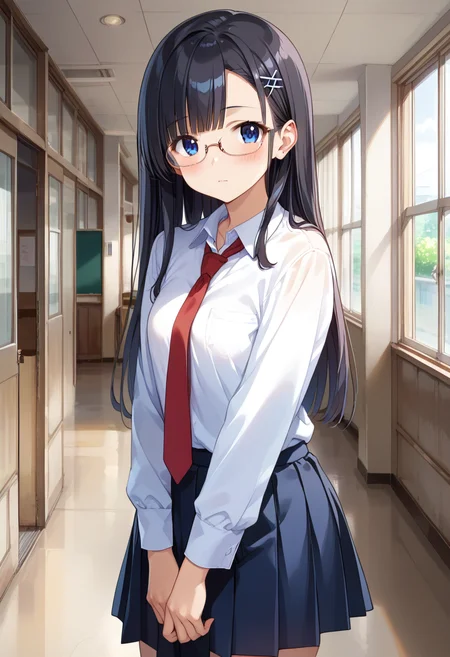 score_9, score_8_up, score_7_up, rating_safe, masterpiece, best quality, absurdres, unity 8k wallpaper, official art, official style, source_anime, uncensored, game cg, megami magazine,
1girl, solo, glasses, black hair, long hair, blue eyes, collared shirt, red necktie, pleated skirt, blue skirt, looking at viewer, blush, 
rouka, scenery, hallway, door, school, indoors, window, ceiling light, 
 <lora:gakkou_rouka_PONY_V2:1>
