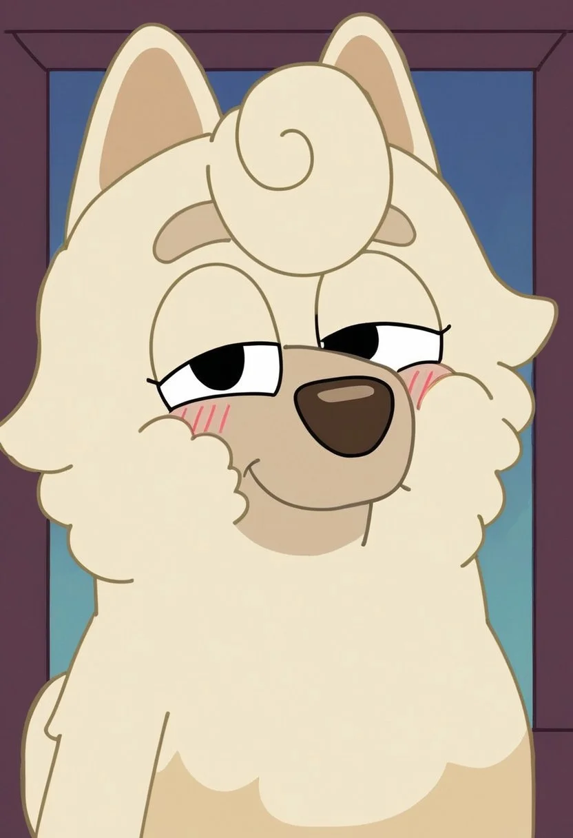 score_7_up, score_8_up, score_9, masterpiece, high quality,
WendyBluey, female, furry female, solo, 1girl, adult, cartoon, anthro dog, dog ears, chow chow, beige fur, black eyes,
front hair curl, brown nose,
smiling, ((bedroom eyes)), blushing,
headshot, head view, facing left,