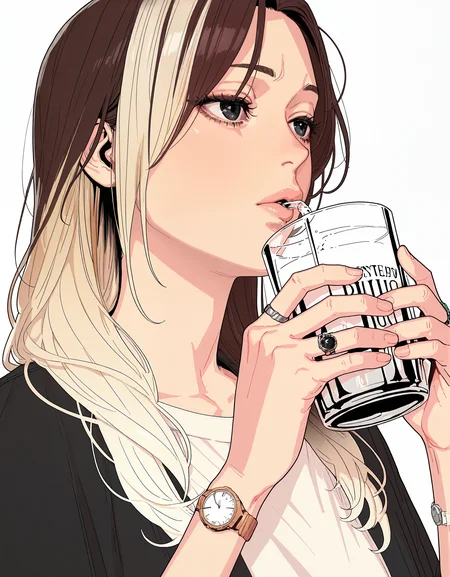 masterpiece, best quality,high quality, newest, highres,absurdres,<lora:Zinc_Park_style:1>, Zinc_Park_illu, 1girl, watch, solo, cup, brown hair, wristwatch, holding, holding cup, long hair, multicolored hair, drinking, ring, jewelry, lips, white background, blonde hair, black eyes