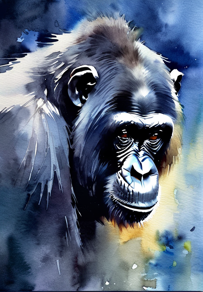 Masterpiece of watercolor,watercolor,close-up of silverback chimpanzee,8K high-definition,dark background,thomas taylor watercolor style,<lora:Watercolor _sdxl:1.3>, Watercolor style,