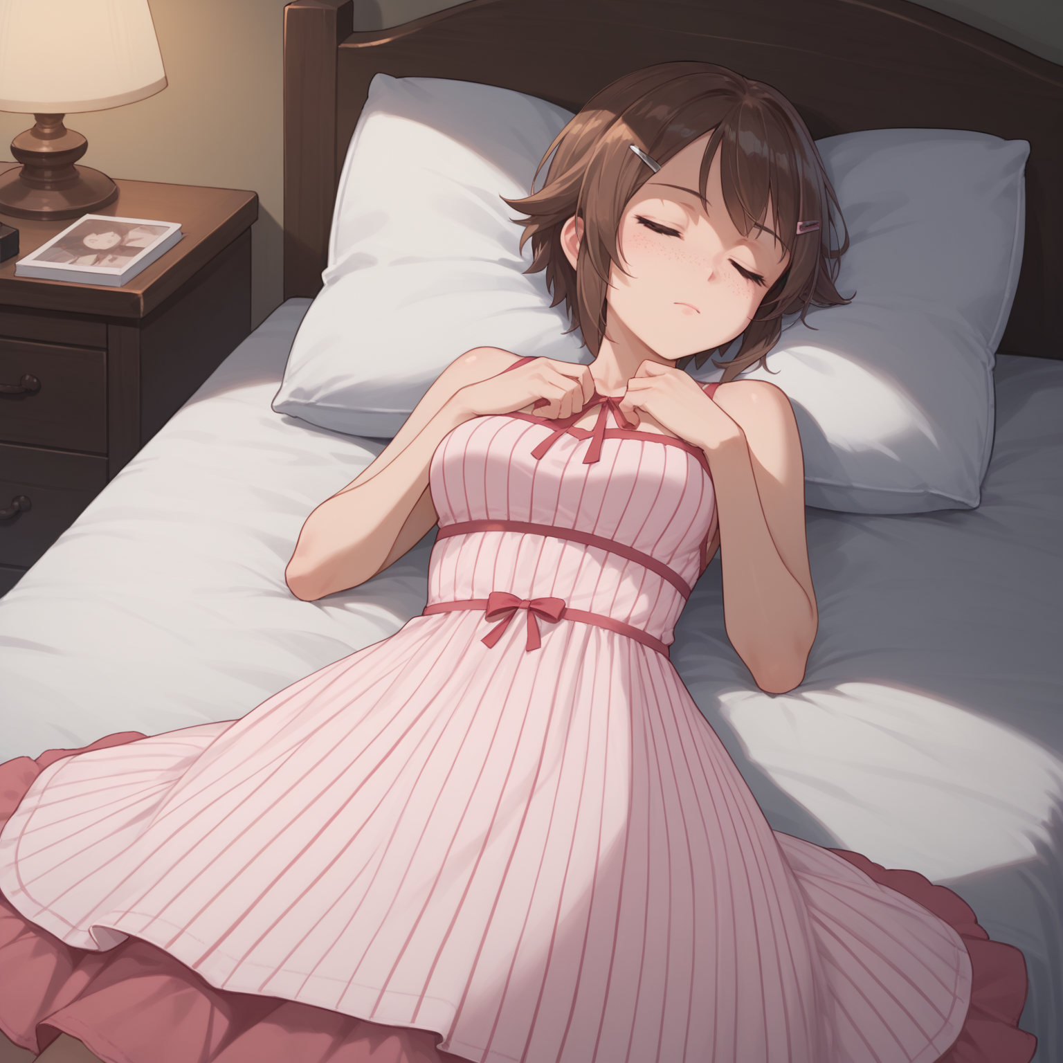 score_9, score_8_up, score_7_up, score_6_up, source anime, 1girl, solo, <lora:Lisbeth-Rika Shinozaki - Sword Art Online-000005:1>, solo, LisShino, short hair, freckles, brown hair, hairclip, medium breasts, pink dress, striped dress, sleeveless dress, bedroom, on bed, sleeping,