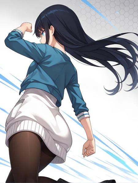 masterpiece,best quality,newest,
1girl,solo,
<lora:k_mutsumi_ilxl_v1.0:1>,k_mutsumi,black hair,long hair,blue eyes,
k_a_s,blue jacket,sweater dress,black_pantyhose,boots,
<lora:Fixhands_anime_bdsqlsz_V1:1>,dynamic_angle,cinematic_angle,glowing eyes,fighting_stance,fighting,(motion_blur:1.3),(motion line:1.2),(speed_lines:1.1),fighting_stance,aura effect,pov,looking ahead,honeycomb_background,white_background,simple_background,floating hair,jumping,knee_up,from_below,profile,from behind,arm up,clenched hand,raised fist,Reaching arms up,