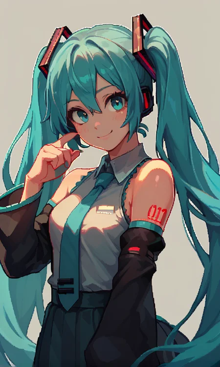 score_9, score_8_up, score_7_up, score_6_up, 1girl, miku, looking at viewer, simple background, smile, <lora:itzah_pd:1>