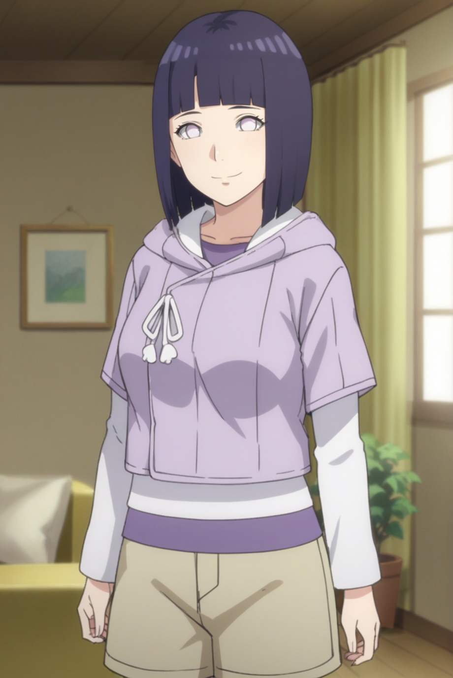score_9, score_8_up, score_7_up, score_6_up, score_5_up, score_4_up, BREAK source_anime, 1girl, solo,
<lora:HinataBorutoXL-v1-07:0.7>, ChopioHinataBoruto, medium hair, purple hair, shiny hair, bob cut, blunt bangs, no pupils, white eyes, looking at viewer,
medium breasts, mature female,
outfit_1, lilac hoodie, hood down, white shirt, purple undershirt, drawstring, short over long sleeves, brown shorts,
living room, standing, smile, arms at sides,