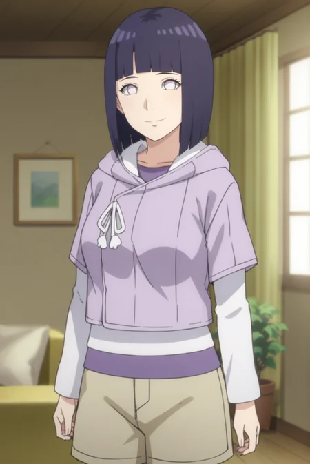 score_9, score_8_up, score_7_up, score_6_up, score_5_up, score_4_up, BREAK source_anime, 1girl, solo,
<lora:HinataBorutoXL-v1-07:0.7>, ChopioHinataBoruto, medium hair, purple hair, shiny hair, bob cut, blunt bangs, no pupils, white eyes, looking at viewer,
medium breasts, mature female,
outfit_1, lilac hoodie, hood down, white shirt, purple undershirt, drawstring, short over long sleeves, brown shorts,
living room, standing, smile, arms at sides,
