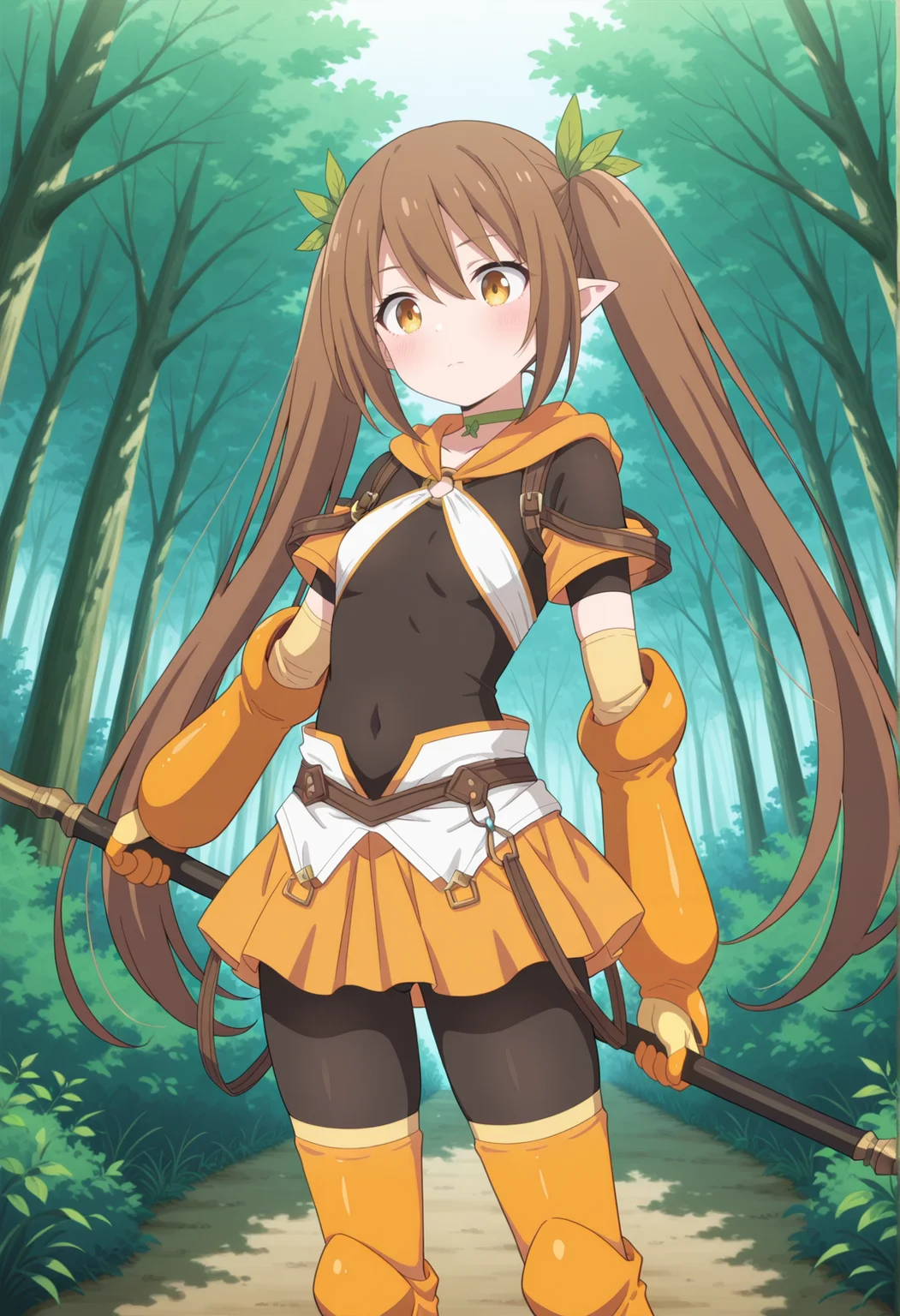 1girl, brown hair, yellow eyes, pointy ears, long hair, twintails, hair ornament, criss-cross halter, hood, choker, harness, elbow gloves, gauntlets, skirt, thigh boots, black bodysuit under clothes, short sleeves, holding staff, outdoors, forest, cowboy shot,  <lora:nowa_unlimited:1>, masterpiece, best quality, amazing quality, very aesthetic, absurdres, highres, newest