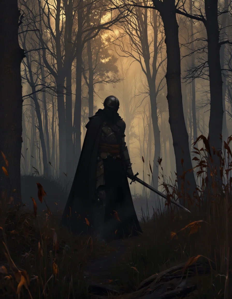 Art by Richard Anderson. A photo-realistic shoot from a far camera angle about a shadowy figure walking through a misty forest, holding a sword. in the middle of the image, a muscular, humanoid figure appears to be a warrior, wearing a helmet and armor, walking through the dense forest. the figure is surrounded by tall, bare trees and reeds, with the sun shining through the mist, casting a warm, golden light on the scene. the overall atmosphere is eerie and mysterious, with a sense of depth and mystery.