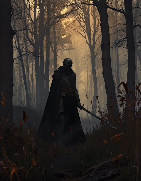 Art by Richard Anderson. A photo-realistic shoot from a far camera angle about a shadowy figure walking through a misty forest, holding a sword. in the middle of the image, a muscular, humanoid figure appears to be a warrior, wearing a helmet and armor, walking through the dense forest. the figure is surrounded by tall, bare trees and reeds, with the sun shining through the mist, casting a warm, golden light on the scene. the overall atmosphere is eerie and mysterious, with a sense of depth and mystery.