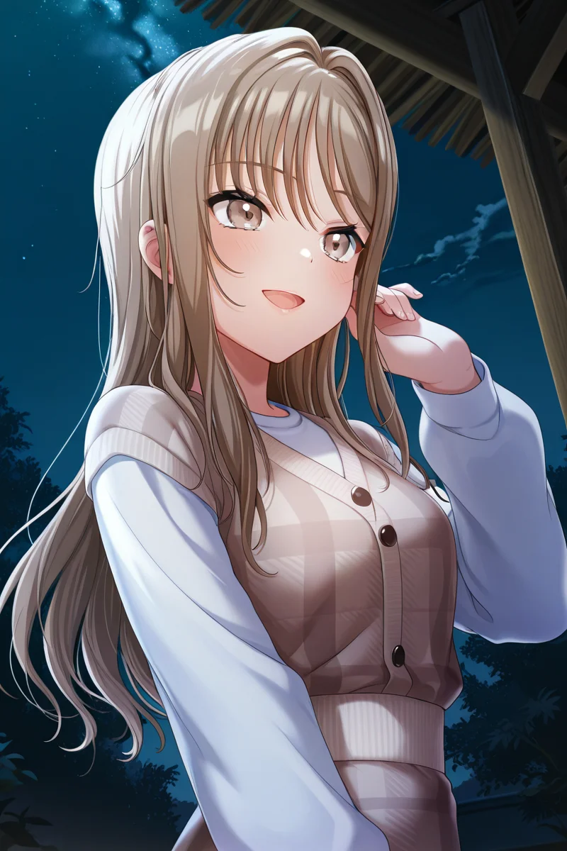 masterpiece, best quality, amazing quality,
<lora:HayateV2_IL:1> hayate, 1girl, solo, long hair, shirt, night, white shirt, smile, long sleeves, plaid, brown eyes, brown hair, outdoors, night sky, open mouth, sky, bangs, :d, casual